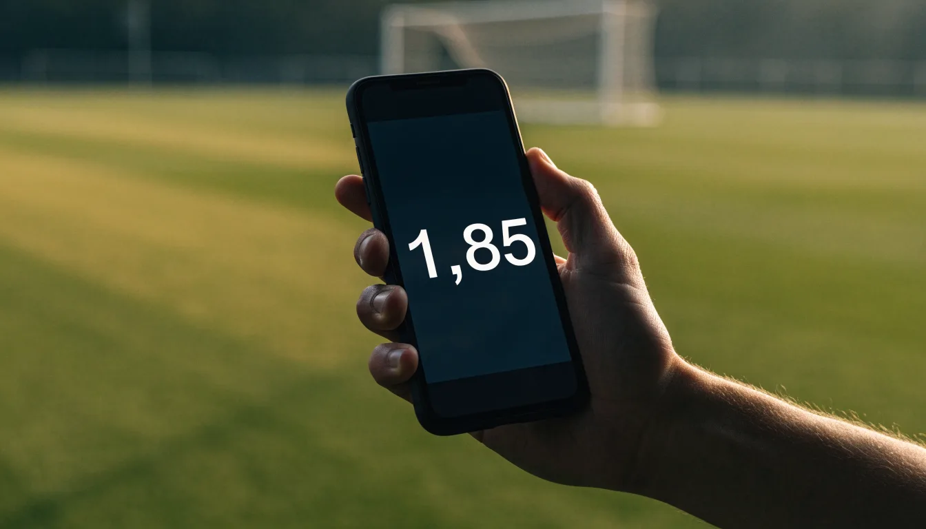 Ein einzelner Fussball liegt auf dem Anstosspunkt eines leeren Rasenplatzes am frühen Morgen, Tau glitzert auf dem Gras, die Tribüne liegt im Dunst.