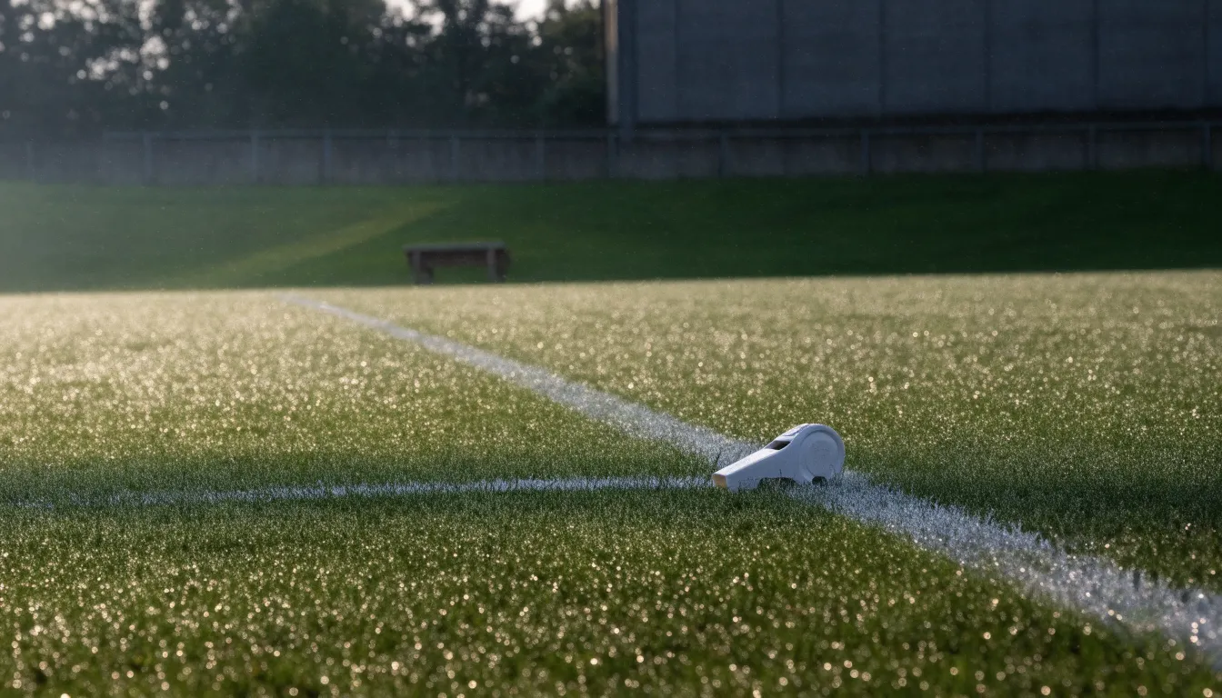 Eine Trillerpfeife liegt auf dem Rasen neben der Mittellinie, Tau hängt an den Halmen, im Hintergrund ein leerer Spielfeldrand.