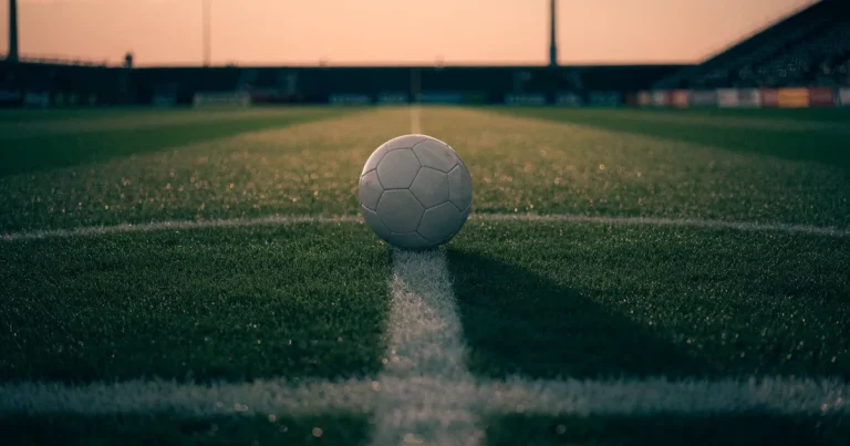 Ein Fussball liegt auf dem Mittelkreis eines Rasenfelds, die weissen Linien kreuzen sich auf dem gepflegten Gras im warmen Abendlicht.