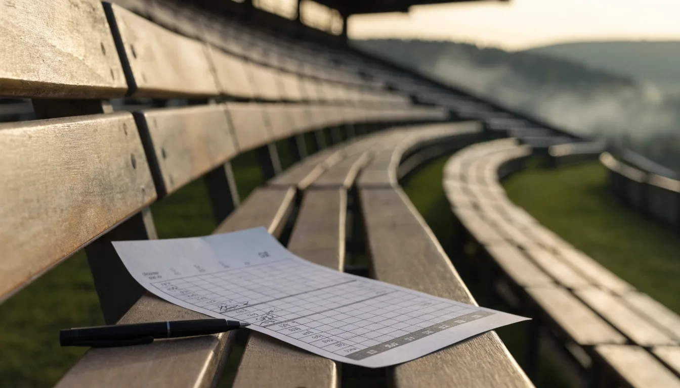Ein leeres Stadion im Morgenlicht mit Blick auf die Sitzreihen, im Hintergrund Hügel und aufsteigender Nebel.