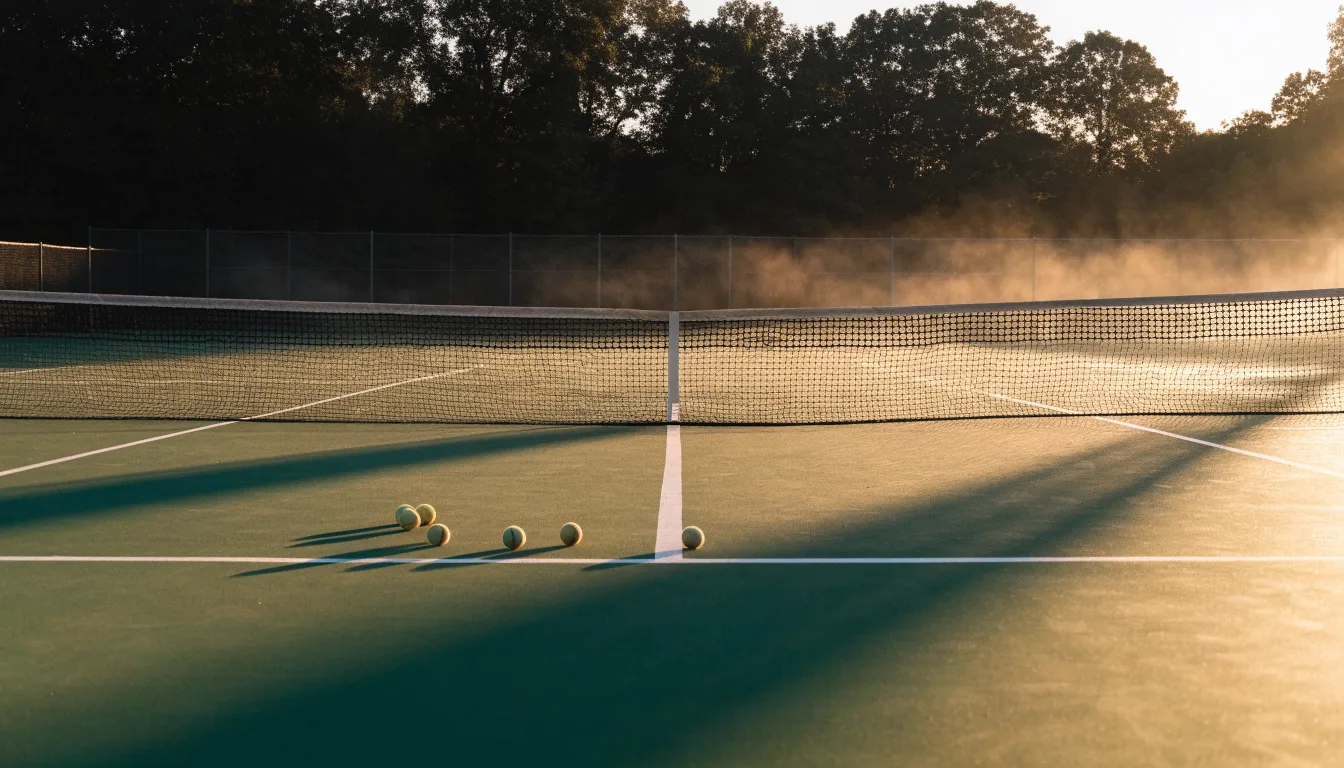 Ein Tennisplatz bei Sonnenaufgang, die Linien frisch gezogen, das Netz in der Mitte und Nebel über dem Boden.