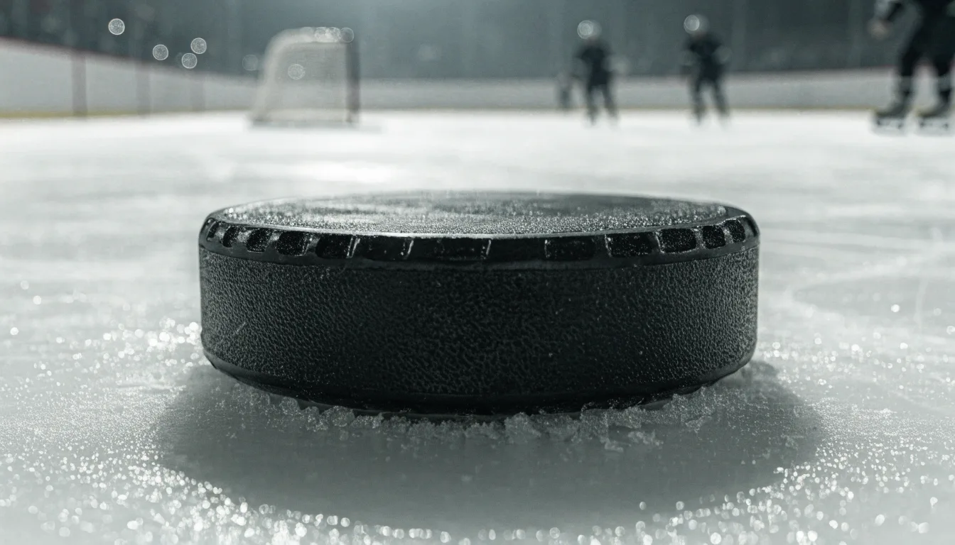 Ein Eishockeypuck liegt auf dem Eis, im Hintergrund unscharf die Bande unter hellem Hallenlicht.