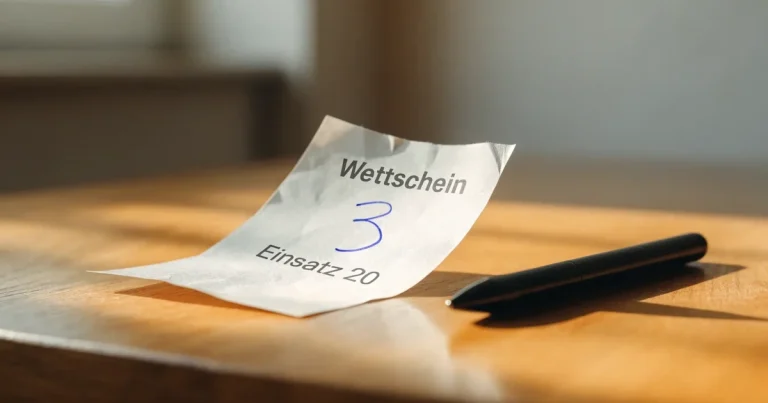 Ein leerer Wettschein aus Papier liegt neben einem Kugelschreiber auf einem Holztisch, weiches Licht fällt von der Seite.