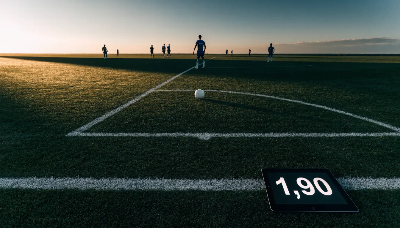 Ein Fussballplatz von oben gesehen, die Linien bilden ein helles Muster auf dem Rasen, Drohnenperspektive in der Morgendämmerung.