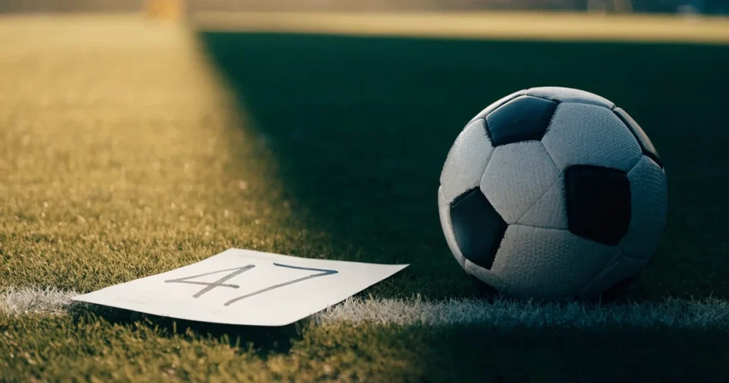 Ein Fussball und ein Massband liegen auf kurz geschnittenem Rasen neben einer Kreidelinie, Morgenlicht von der Seite.