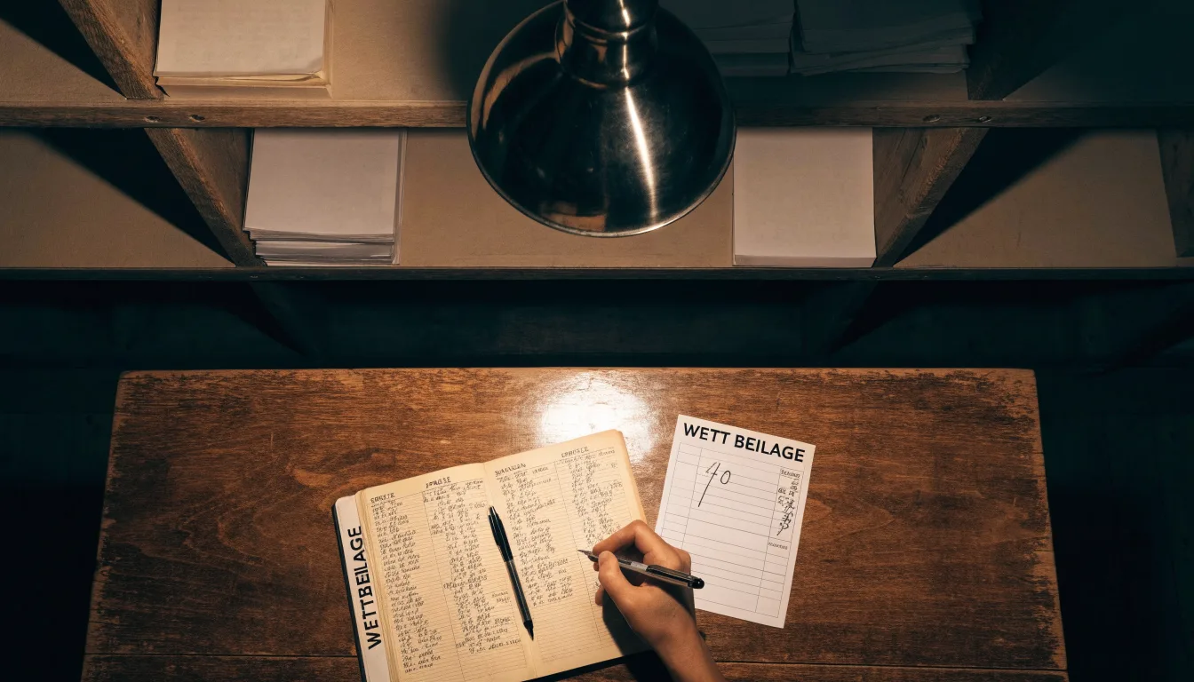 Ein alter Holztresen mit einem Notizbuch und einem Taschenrechner in warmem Lampenlicht, Regale im Hintergrund.