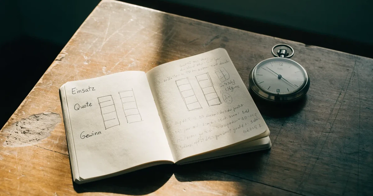 Ein aufgeschlagenes Notizbuch mit handschriftlichen Notizen und Skizzen liegt neben einer Stoppuhr auf einem Holztisch.