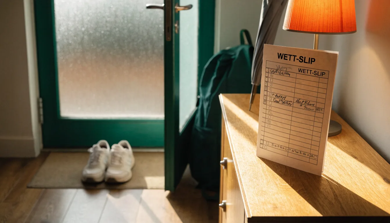 Ein Rucksack und Turnschuhe stehen an einer Haustür, daneben ein Regenschirm, durch das Glas fällt Morgenlicht.