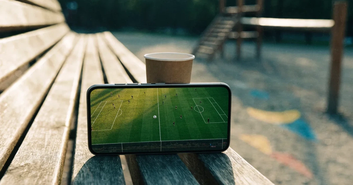 Ein Smartphone mit dunklem Display liegt auf einer Parkbank, daneben ein Kaffeebecher, im Hintergrund ein Spielplatz.