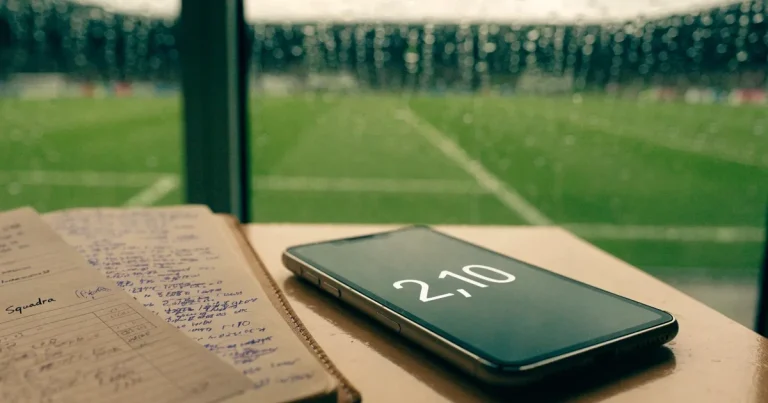 Ein Wetterbarometer hängt an einer Holzwand neben einem Fenster, draussen liegt ein nasser Fussballplatz im Regen.