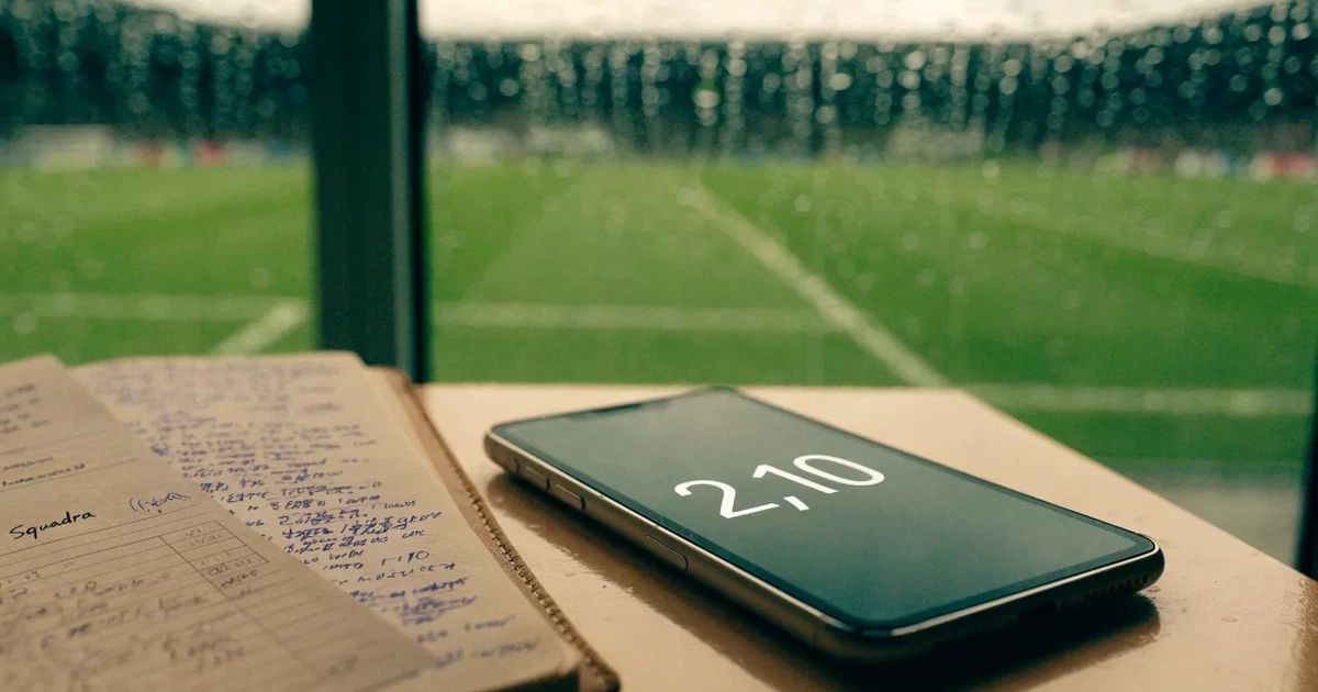 Ein Wetterbarometer hängt an einer Holzwand neben einem Fenster, draussen liegt ein nasser Fussballplatz im Regen.
