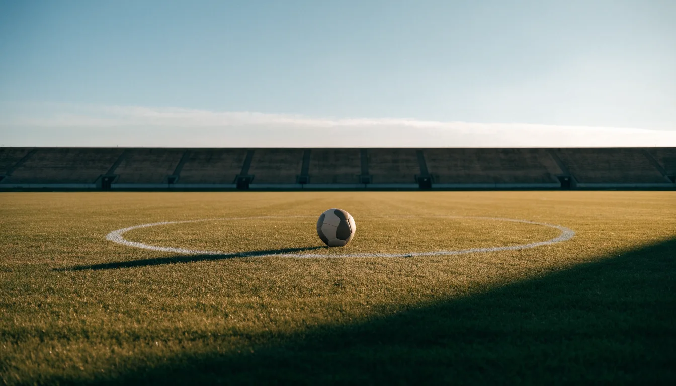 Ein Fussball liegt auf dem Anstosspunkt eines leeren Rasenplatzes im frühen Morgenlicht, dahinter erhebt sich eine menschenleere Tribüne.