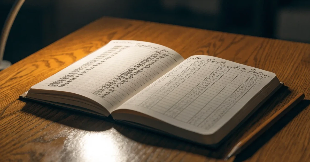 Ein aufgeschlagenes Notizbuch mit handschriftlichen Strichlisten und Spalten liegt neben einem Bleistift auf einem Holztisch im warmen Licht einer Schreibtischlampe.