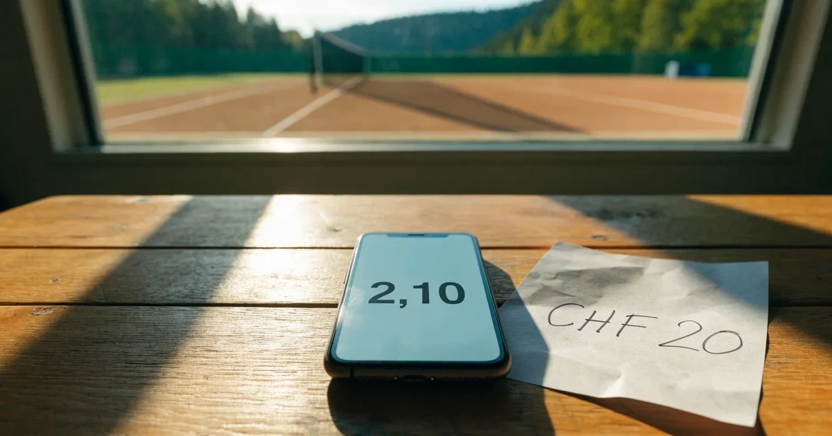 Ein Sandplatz für Tennis liegt bei Sonnenaufgang still da, das Netz wirft einen langen Schatten über die weissen Linien.