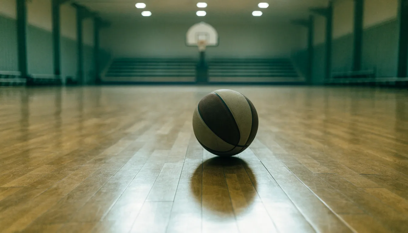 Ein Basketball liegt auf dem Parkett einer leeren Halle, von den Deckenlampen fällt gleichmässiges Licht auf den Boden.