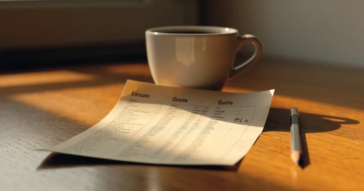 Ein leerer Wettschein aus Papier liegt auf einem Holztisch neben einem Bleistift und einem Kaffeebecher.