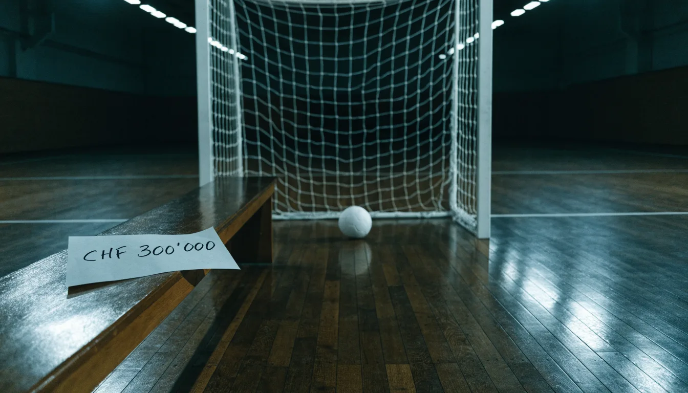 Ein Handballtor in einer leeren Sporthalle, der Ball liegt im Torraum und das Hallenlicht spiegelt sich im Parkett.