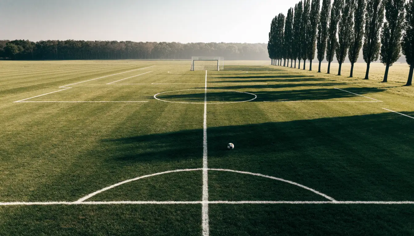 Ein leerer Fussballplatz mit weissen Linien von oben gesehen im Morgenlicht, am Rand stehen zwei Tore und eine Reihe Pappeln.