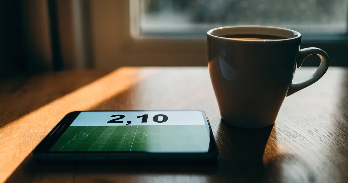 Ein Smartphone mit dunklem Display liegt auf einem Holztisch neben einer Kaffeetasse, durch das Fenster fällt warmes Abendlicht.