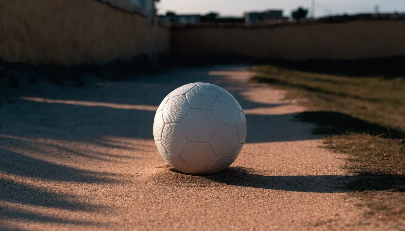 Ein Fussball liegt auf rotbraunem Sand am Rand eines Dorfes, die Abendsonne wirft lange Schatten.