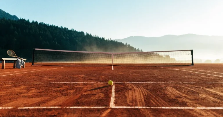 Ein Sandplatz im ersten Morgenlicht, die Linien sind frisch gezogen, das Netz bewegt sich leicht im Wind, Berge im Dunst.