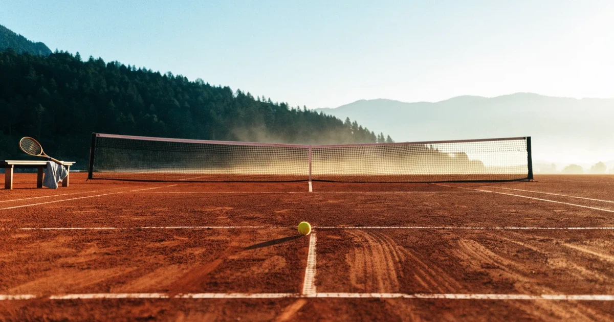 Ein Sandplatz im ersten Morgenlicht, die Linien sind frisch gezogen, das Netz bewegt sich leicht im Wind, Berge im Dunst.