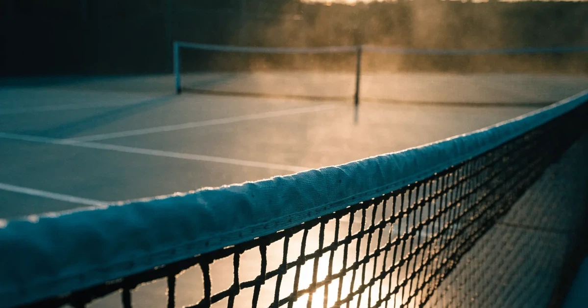 Ein Tennisnetz in Nahaufnahme im Gegenlicht der tiefstehenden Sonne, feine Staubkörner schweben über dem Platz.