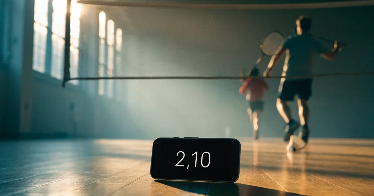 Ein Federball liegt auf dem Boden einer leeren Sporthalle, das Netz verschwimmt im Hintergrund, Licht fällt durch hohe Fenster.