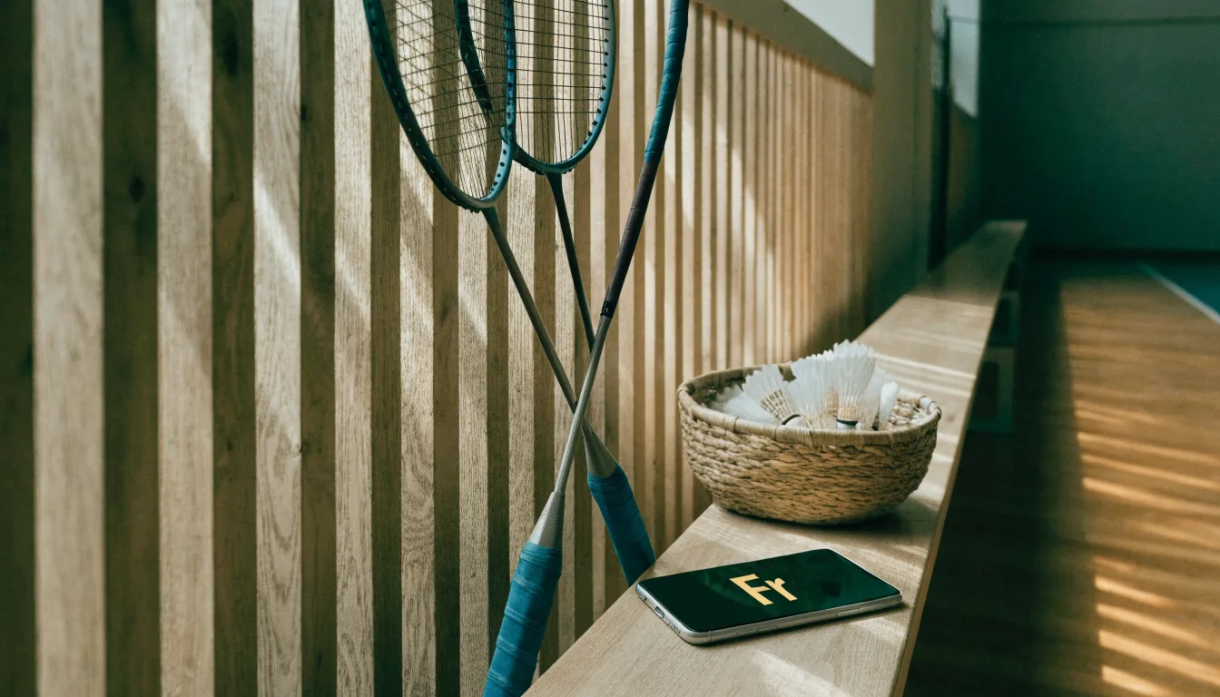 Zwei Badmintonschläger lehnen gekreuzt an einer Hallenwand aus Holz, daneben steht ein Korb mit Federbällen.