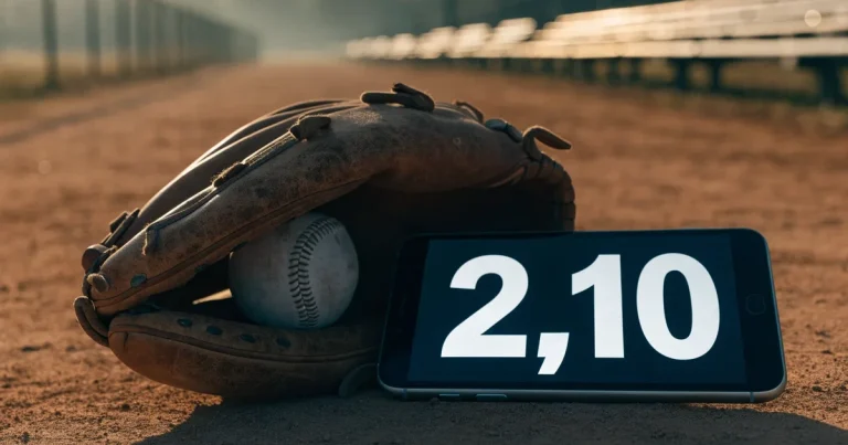 Ein Lederhandschuh und ein Ball liegen auf dem Sandboden eines leeren Spielfelds, die tiefstehende Sonne wirft lange Schatten.