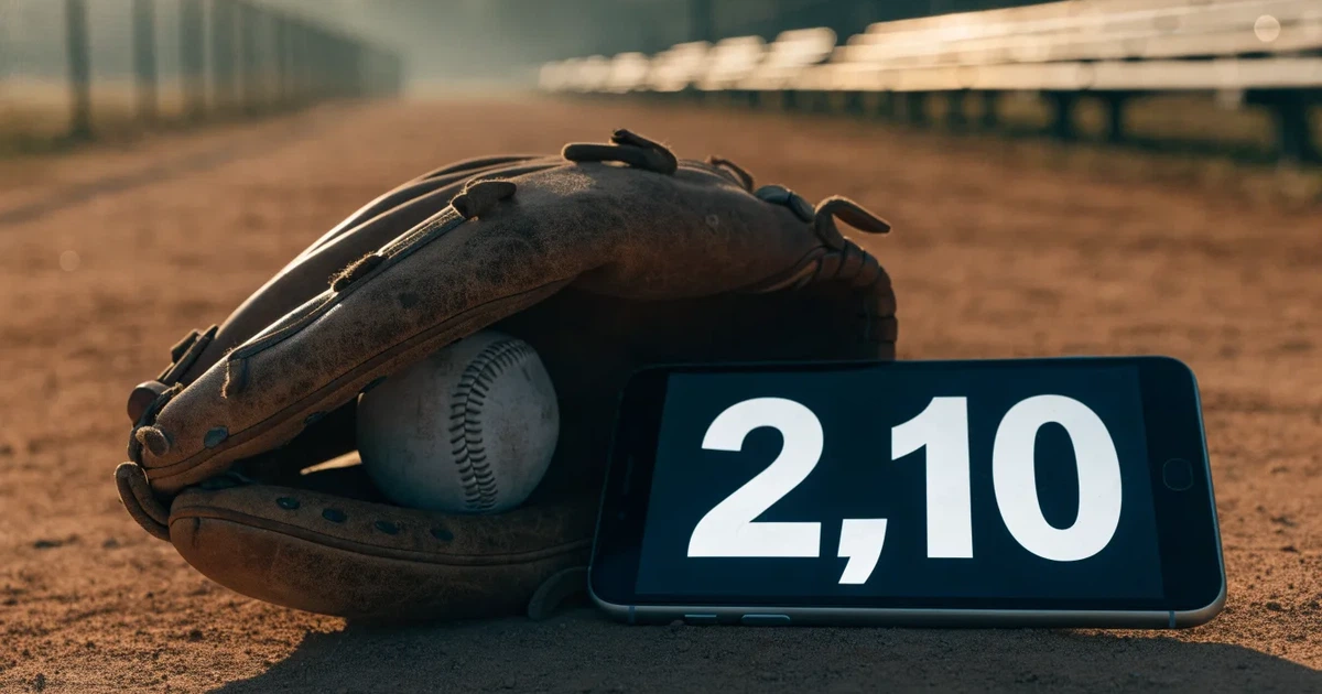 Ein Lederhandschuh und ein Ball liegen auf dem Sandboden eines leeren Spielfelds, die tiefstehende Sonne wirft lange Schatten.