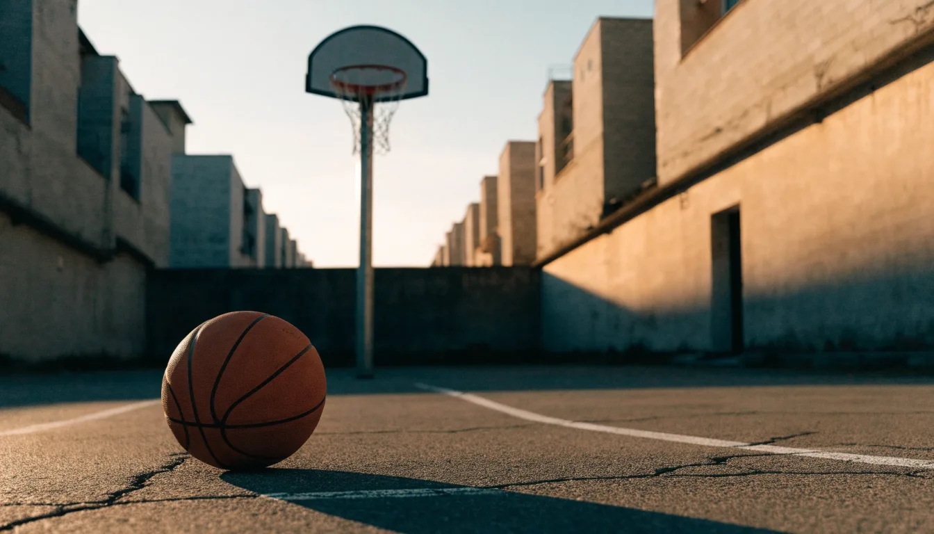 Ein Basketball liegt auf einem Asphaltplatz in einem Hinterhof zwischen Wohnblöcken, das Abendlicht färbt die Wände warm.