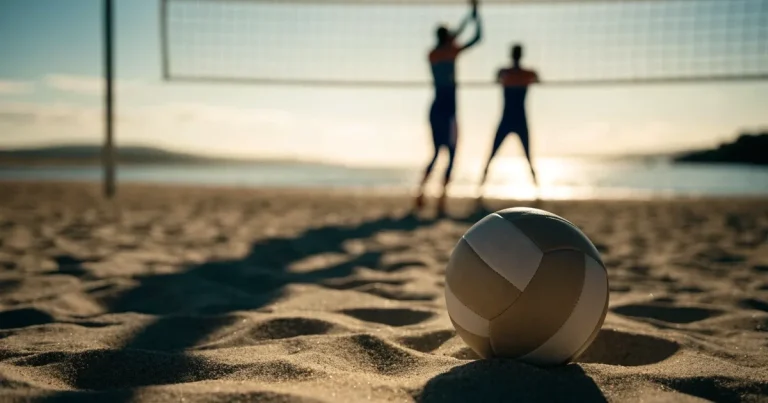 Ein Volleyball liegt auf feinem hellem Sand, ein gespanntes Netz verschwimmt dahinter, das Licht kommt von einem weiten Meer.