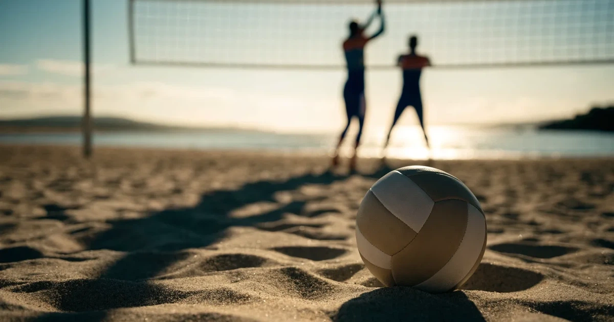 Ein Volleyball liegt auf feinem hellem Sand, ein gespanntes Netz verschwimmt dahinter, das Licht kommt von einem weiten Meer.