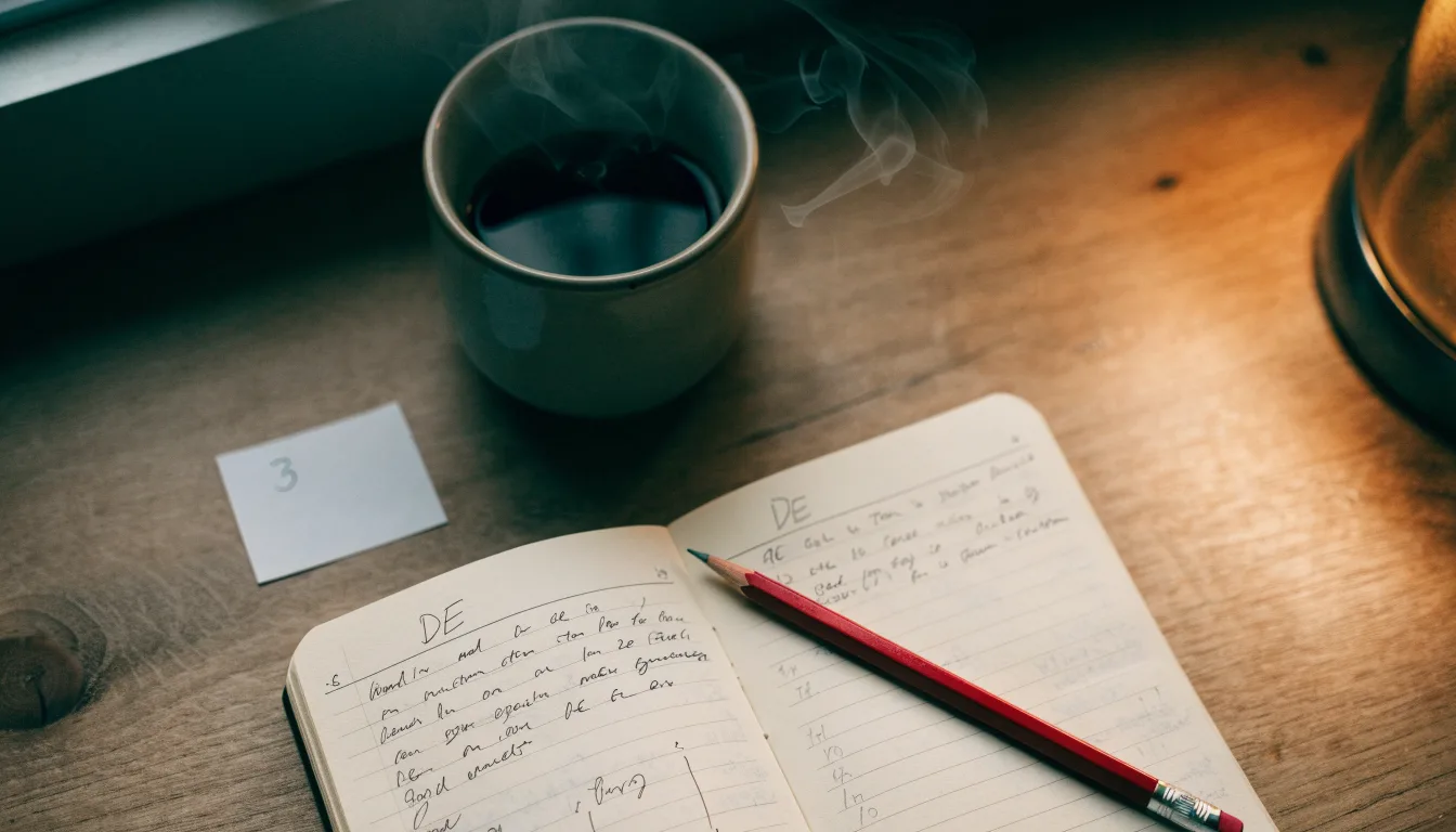 Ein aufgeschlagenes Notizbuch mit handgeschriebenen Spalten und ein Bleistift neben einer Tasse Kaffee auf einem Holztisch am Morgen