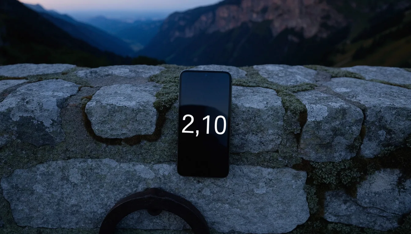 Ein Smartphone mit dunklem Display liegt auf einer Steinmauer, dahinter ein Alpental im Abendlicht