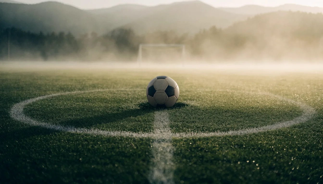 Ein einzelner Fussball auf dem Mittelpunkt eines leeren Rasens im Morgennebel, hinter dem Tor ragen Berge auf