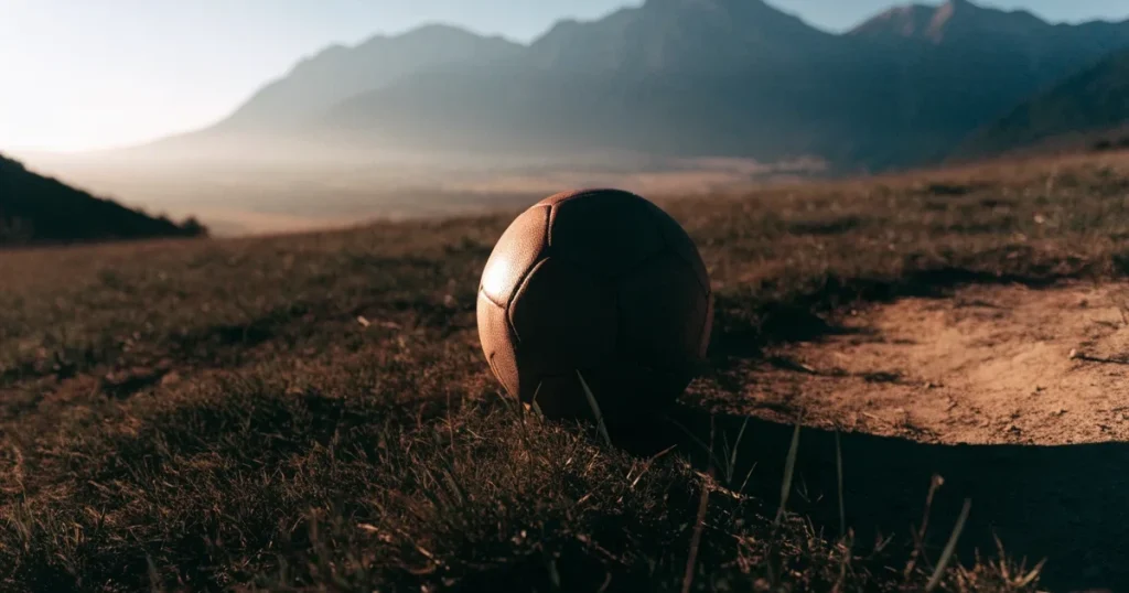 Ein Fussball auf einem staubigen Rasenstück in der Abendsonne, im Hintergrund eine hohe Bergkette