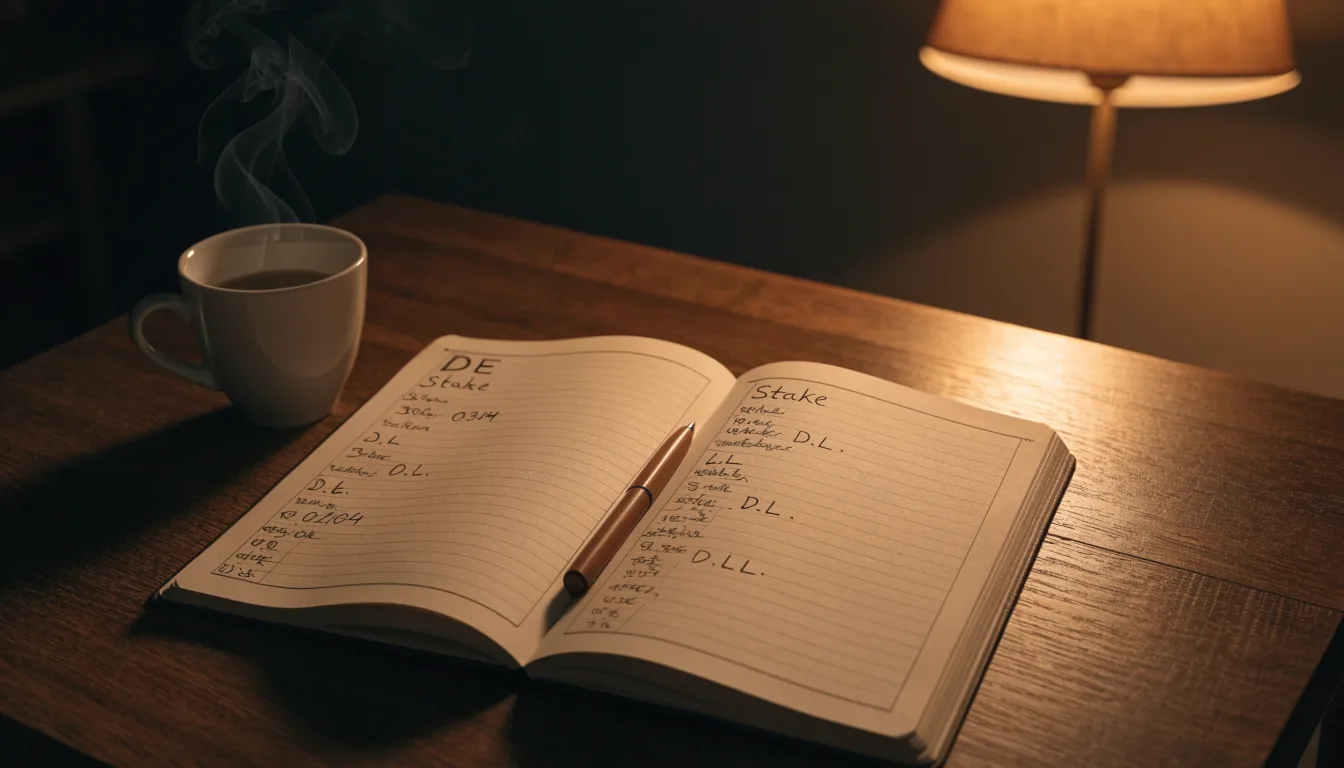 Ein Notizbuch mit handschriftlichen Einträgen und eine Tasse Tee stehen auf einem Tisch neben einer Stehlampe