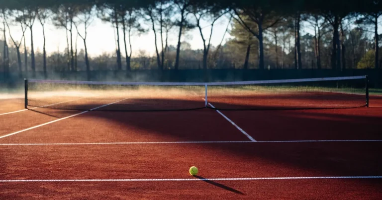 Ein Tennisplatz aus Sand bei Sonnenaufgang mit gespanntem Netz, Nebel zwischen den Bäumen am Rand