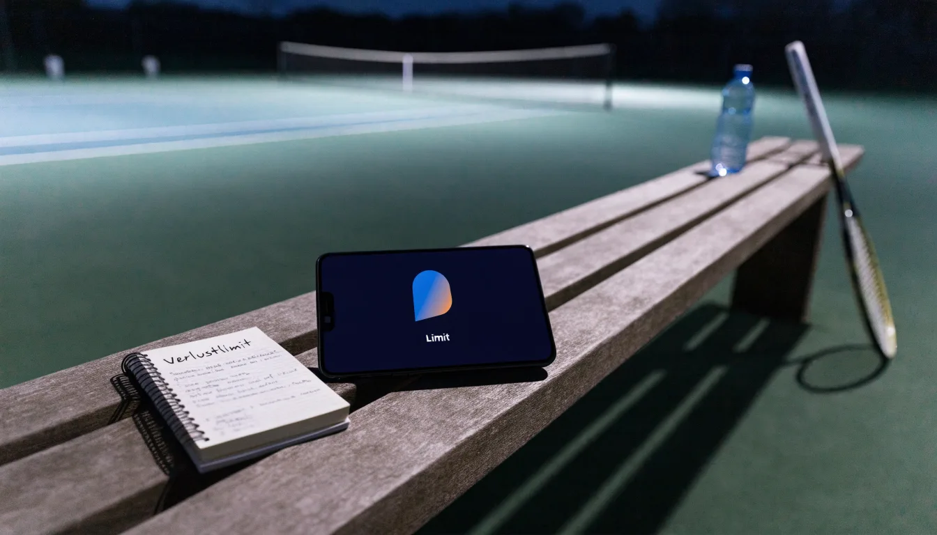 Ein Tennisschläger lehnt an einer Bank neben einer Wasserflasche, am Abend ruht der Platz im Flutlicht, aus der Ferne gesehen