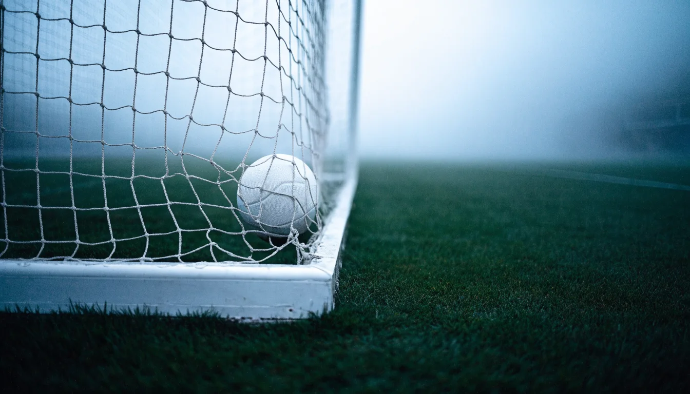 Ein Fussball liegt im Netz hinter einem Tor, weicher Morgennebel hängt über dem Rasen