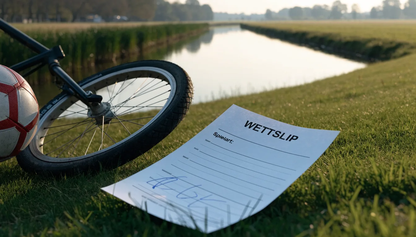 Ein Fussball liegt auf einer Wiese neben einem Fahrrad, im Hintergrund ein Kanal im Morgenlicht
