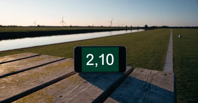 Ein Fussballplatz neben einem Kanal in flachem Land mit Windrädern am Horizont, Abendlicht liegt über dem Rasen