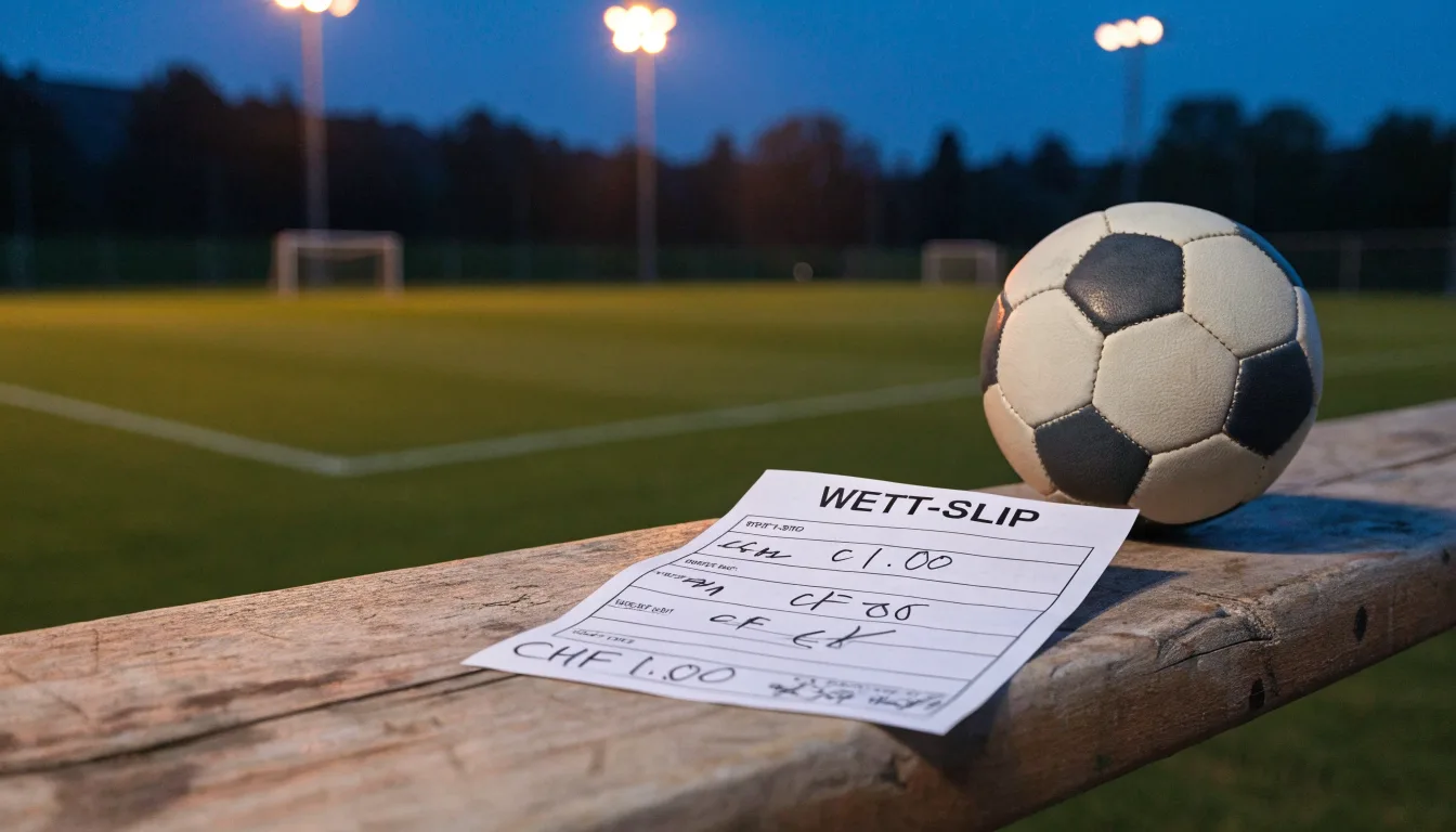 Ein Fussballschuh hängt an den Schnürsenkeln an einem Zaunpfosten neben einem Trainingsplatz im Abendlicht.