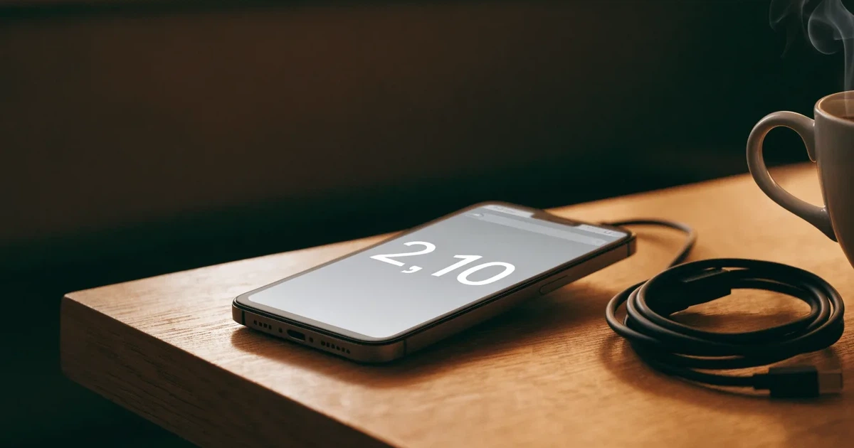 Ein Smartphone mit dunklem Display liegt auf einem Holztisch neben einem Ladekabel und einer Kaffeetasse.