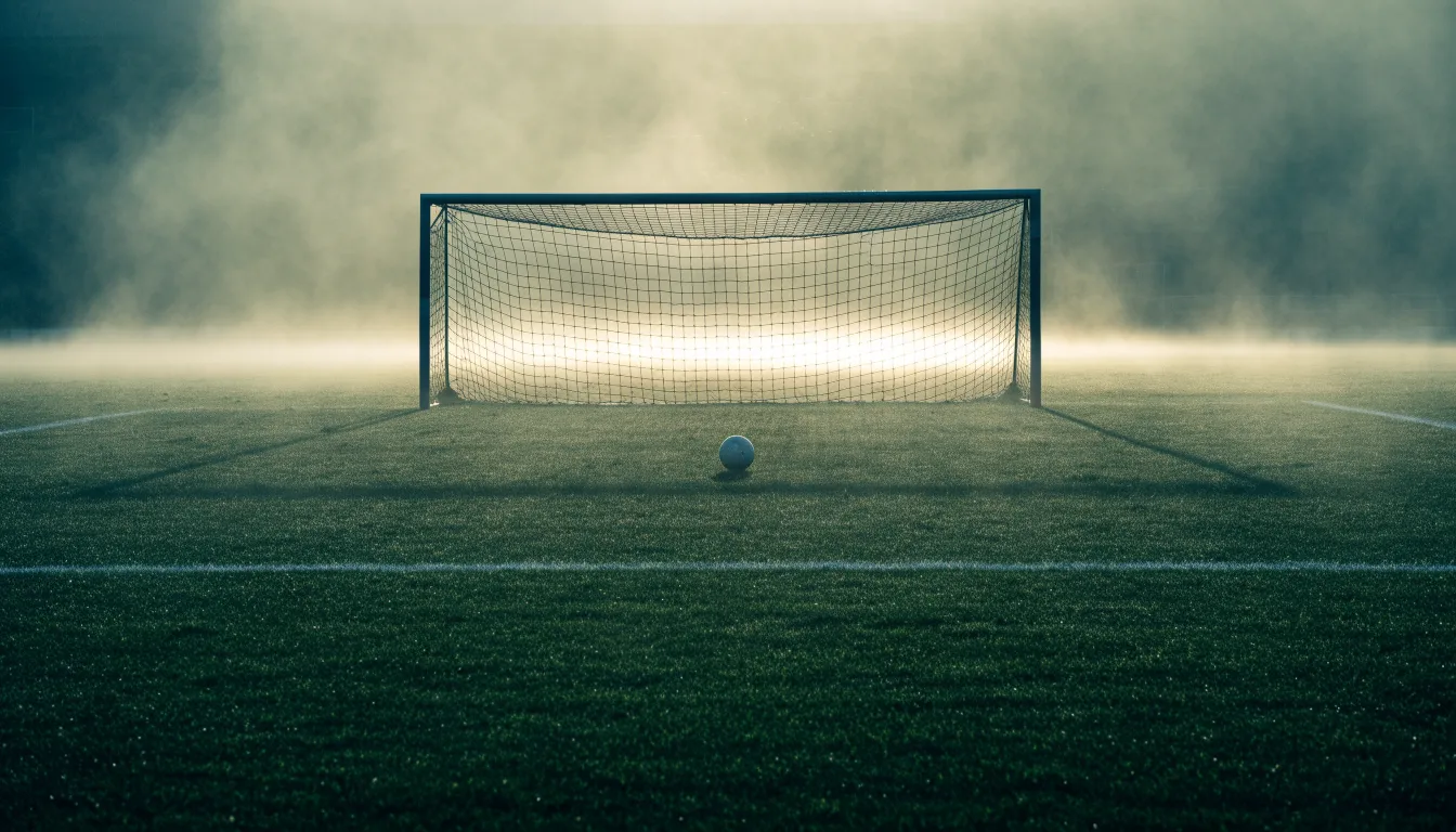 Ein Torpfosten mit Netz steht im Gegenlicht auf einem leeren Fussballplatz, über dem Rasen liegt Nebel.